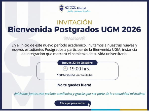 22 de octubre - 19.00 horas: Conéctate a la Bienvenida Online de Postgrados UGM 2026